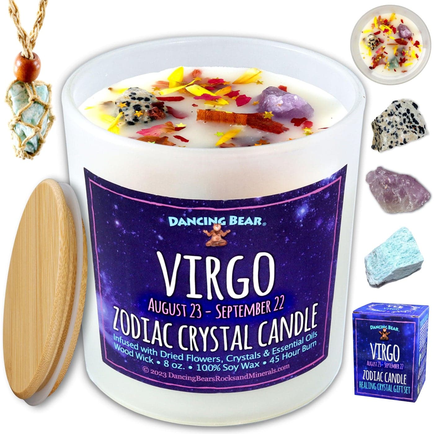 DANCING BEAR Virgo Zodiac Candle Gift Box Set with 3 Healing Crystals Stone Holder Necklace 100 Soy Scented Wax Crackling Wood Wick 45 Hour Burn Time