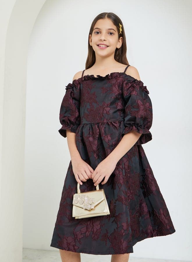 Girls Burgundy Cold-Shoulder Sleeve Dress