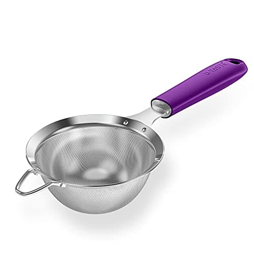 18/8 Stainless Steel Mesh Strainer: U-Taste 3.9 Inch Kitchen Fine Mesh Sieve Food Colander with Riveted Sturdy Silicone Handle and 30 Mesh Hole for Straining Flour, Quinoa, Tea, Juice (Purple)