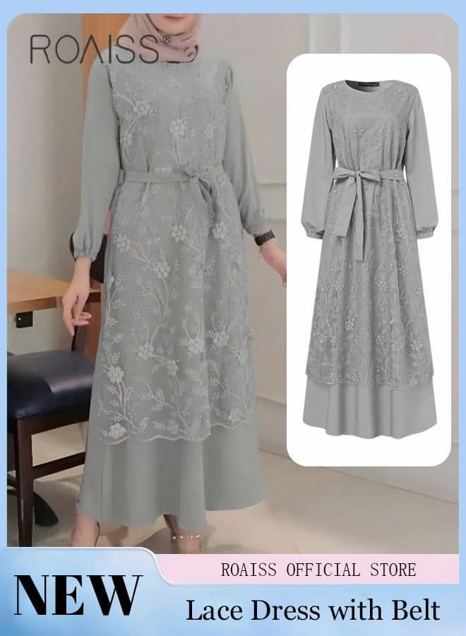 Women's Round Neck Gown Lace Decoration Long Sleeve Waisted Loose Long Dress Comfortable and Breathable Daily Casual Dress Long Skirt with Belt Gray