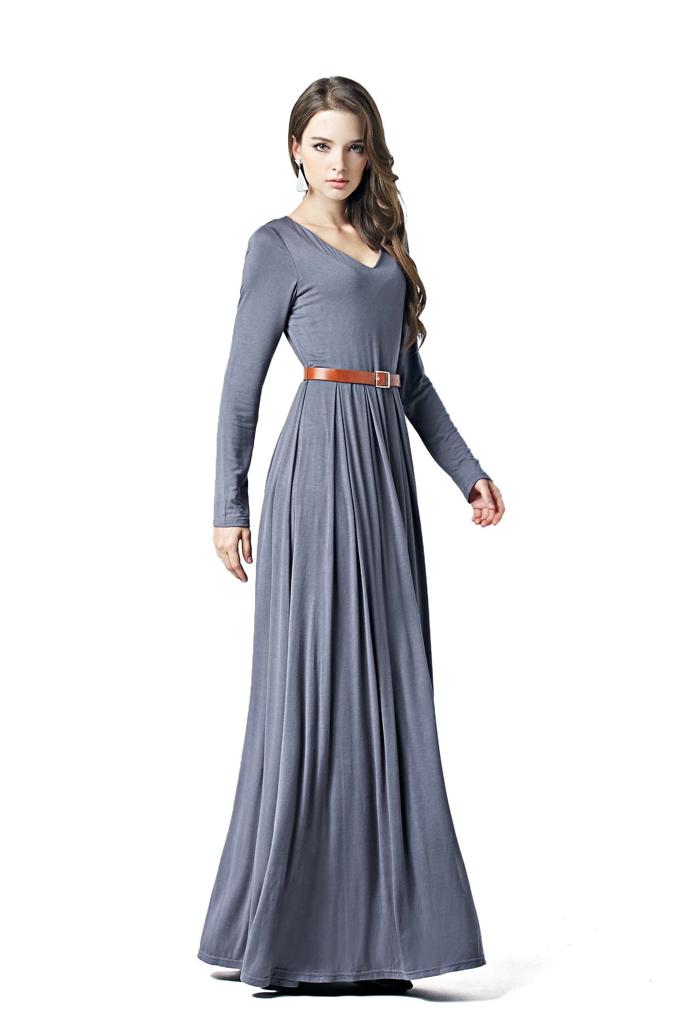 Charm Your Prince CYP Women's V-Neck Long Sleeve Elegant Formal Cocktail Evening Belted Maxi Dress Grey Small
