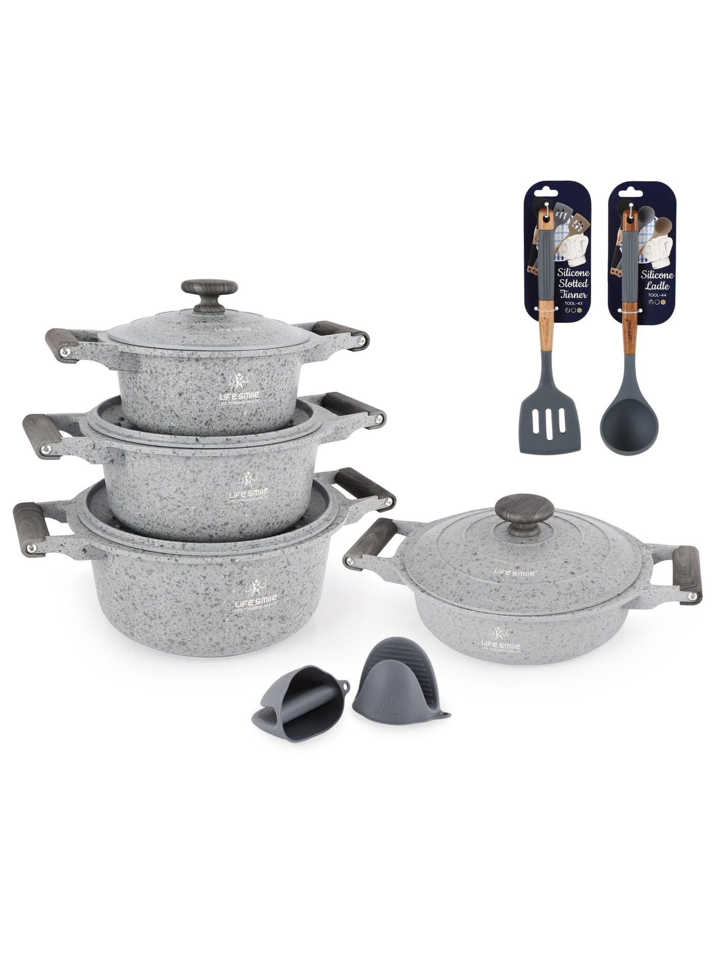 Life Smile 12-Piece Granite Cookware Set with Lids, Kitchen Tools & Silicone Gloves | Induction Compatible | 20cm (2.6L), 24cm (4.4L), 28cm (7.1L) Soup Pots & 26cm (3.6L) Shallow Pot