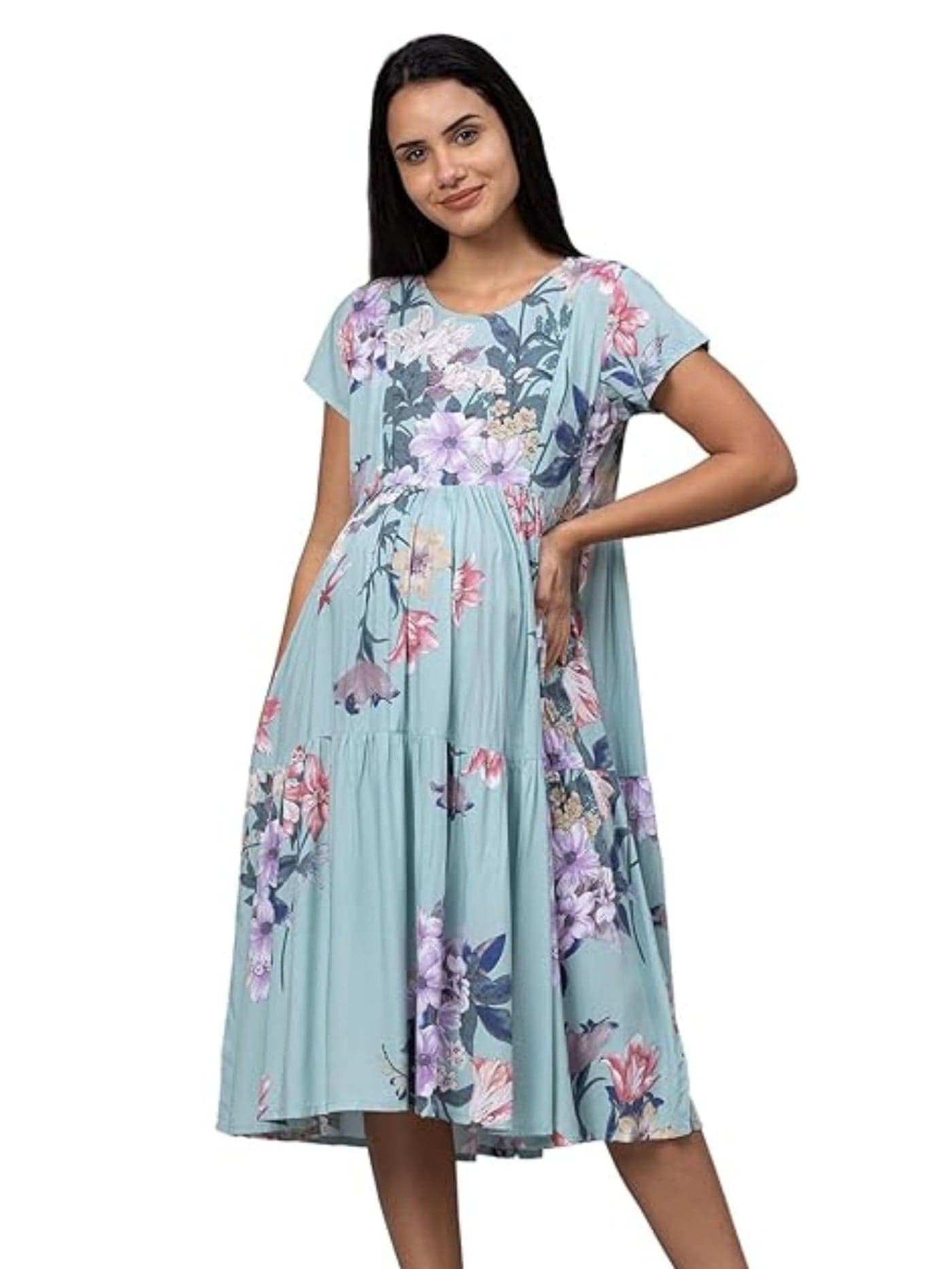 AV2 Women's Viscose Maternity | Nursing |Feeding | Breast Feeding Calf Length A-Line Dress with Zippers for Post Pregnancy(5124_Blue_XL)
