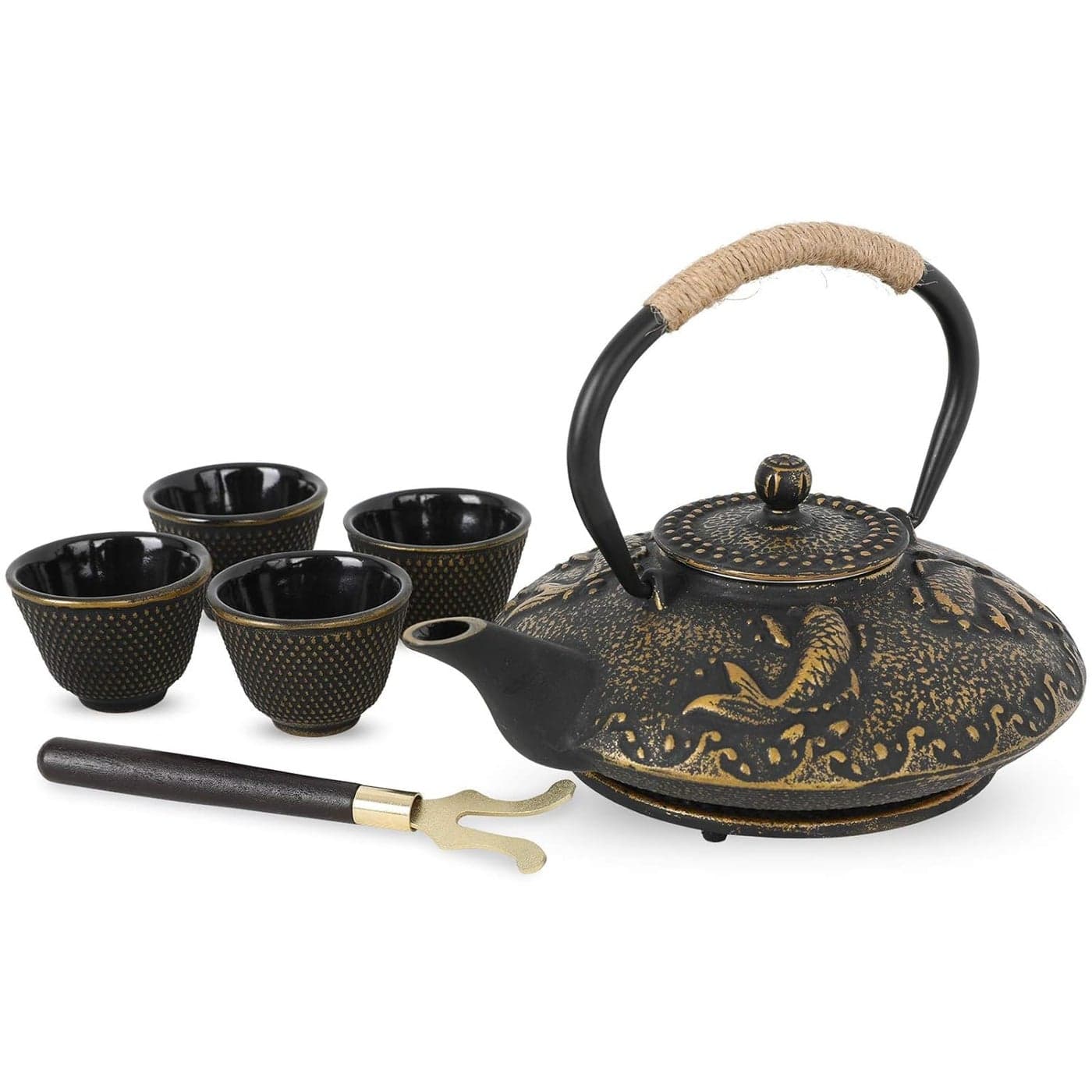 Cloyster Tea Set 4 Pieces Tea Cups Cast Iron Teapot Tetsubin Cast Iron WarmerJapanese Tea Set Fish Cast Iron Teapot Set Stove Top Tea Kettle Stainless Steel Strainer CL03