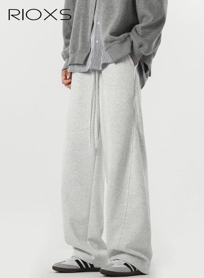 Men's Baggy Sweatpants, Wide Leg Elastic Drawstring Waist Athletic Sweatpants with Pockets, Loose Fit Lounge Track Pants, Spring Fall Soft Breathable Sports Pants, Trendy Workout Open Bottom Joggers, for Hiking, Runnig, Yoga, Biking, Daily Wear, Light Grey