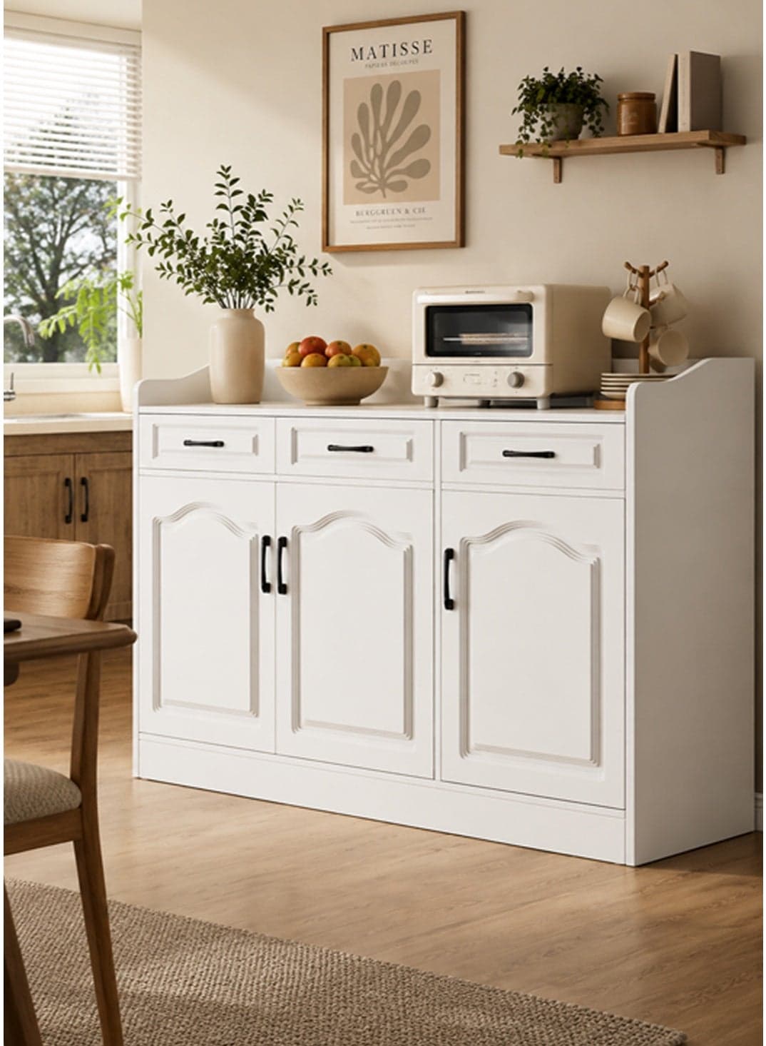 White Kitchen Sideboard Cabinet with 3 Drawers & 3 Door Storage | Modern Buffet Console Table for Dining Room & Kitchen