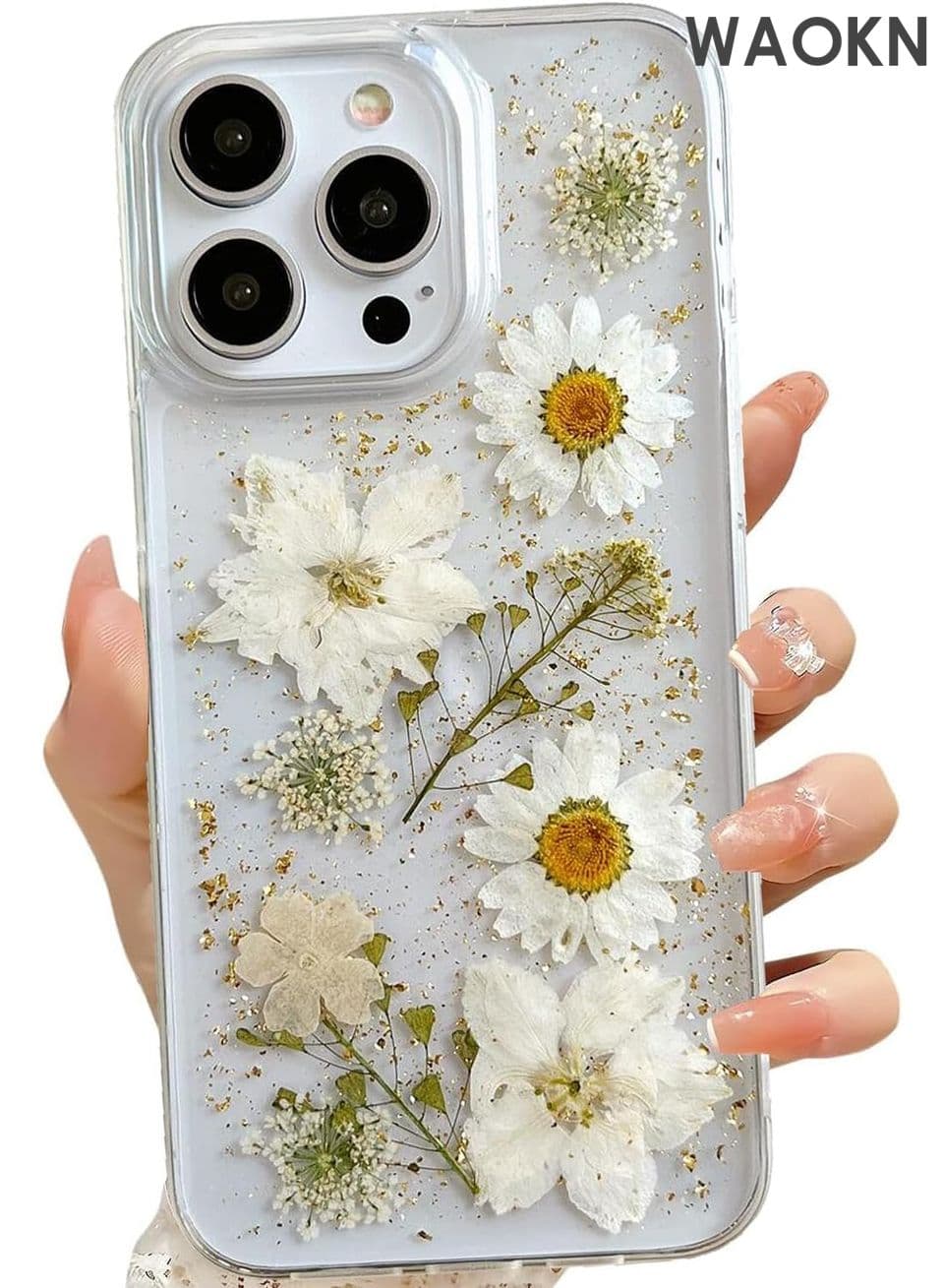 iPhone 16 Pro Max Clear Case with Real Pressed Flowers Pattern Glitter Pretty White Floral Pattern Thin Soft TPU Women Girls Phone Case for iPhone 16 Pro Max .