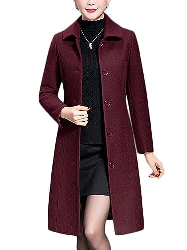 Jenkoon Women's Wool Trench Coat Winter Long Thick Overcoat Walker Coat (Wine, X-Large)