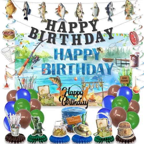 Roetyce Gone Fishing Birthday Decorations, 34PCS Fishing Theme Happy Birthday Banner Balloons Hanging Swirls Centerpieces Cake Topper Kit, Gone Fishin Bday Backdrop for Kids Adult