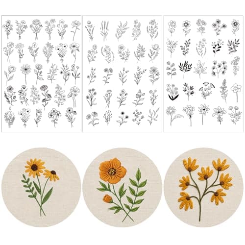 Flower Water Soluble Embroidery Patterns 3 Sheets 80 Pcs Stick and Stitch Embroidery Papers Wash Away Transfer Paper with PrePrinted Floral Leaves Designs for Hand Sewing Lovers Beginners