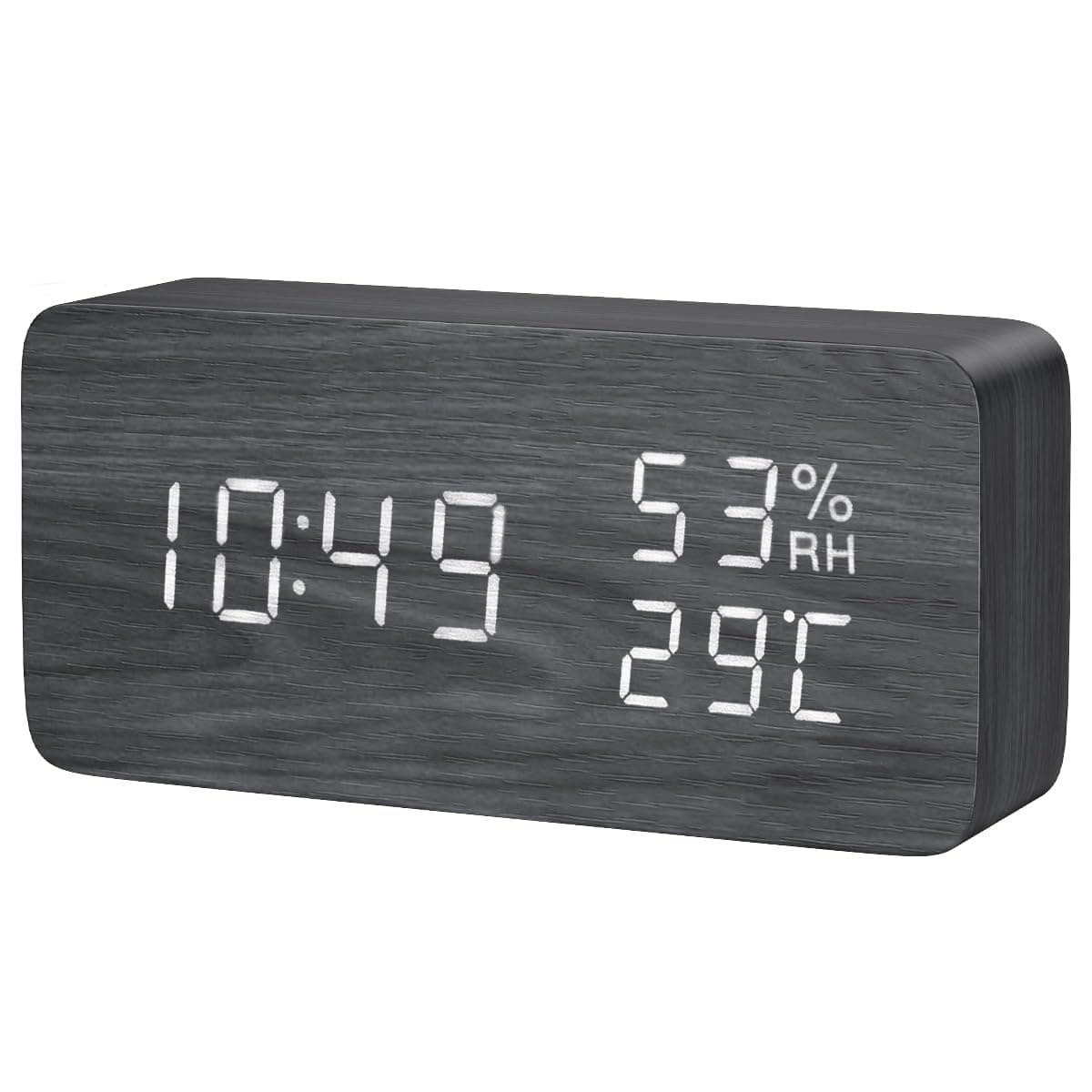 KeeKit Digital Wooden Alarm Clock Electronic LED Desktop Clock with Temperature Humidity Time Display 3 Alarm Settings Voice Control 3 Levels Adjustable Brightness for Home Bedroom Office