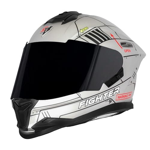 Steelbird SBH-57 Fighter F6 ISI and DOT Certified Full Face Helmet for Men and Women with Inner Silver Sun Shield (X-Large 620 MM, Glossy Silver Black)