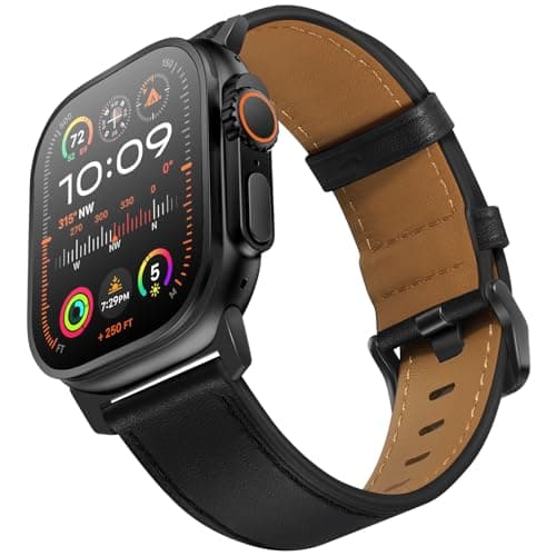 UUPWPOKT Leather Band Compatible with Apple Watch Ultra 3/2/1 Band 49mm 46mm 45mm 44mm 42mm Men, Genuine Leather Strap for iWatch Ultra Series 11 10 9 8 7 6 5 4 3 2 1 SE 3/2/1, Black/Black