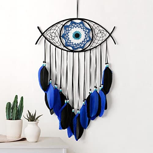 Dremisland Evil Eye Dream CatcherBlue Black Dream Catchers Handmade Feather Evil Eye Wall Hanging Ornament Home Decor for Bedroom Livingroom Yard Blessing Craft Gift Bring Good Luck BlueBlack