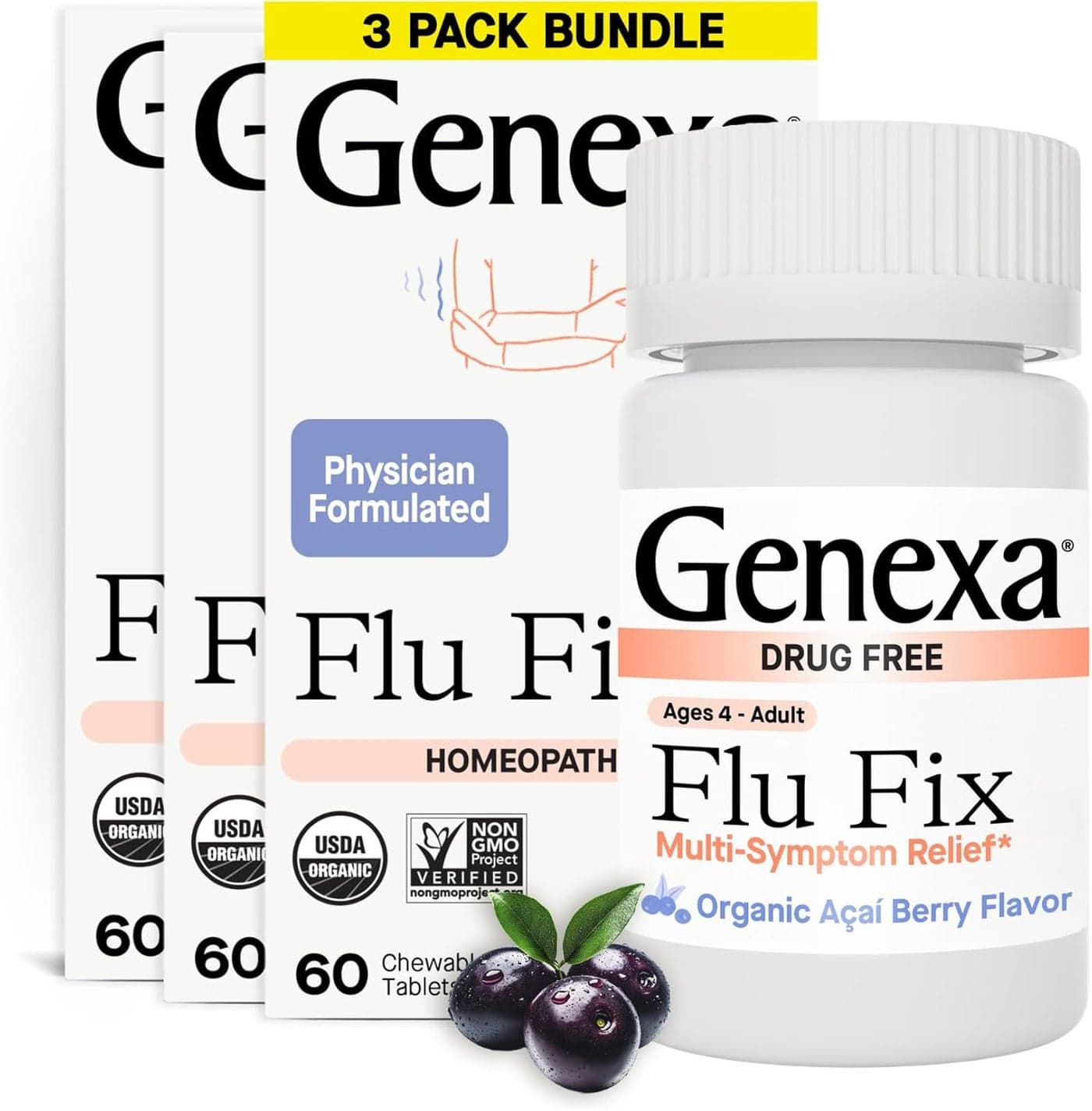Genexa Flu Fix MultiSymptom Flu Remedy for Kids Adults Delicious Organic Acai Berry Flavor Certified Organic NonGMO Homeopathic Remedy Made Clean 180 Chewable Tablets 3 Pack