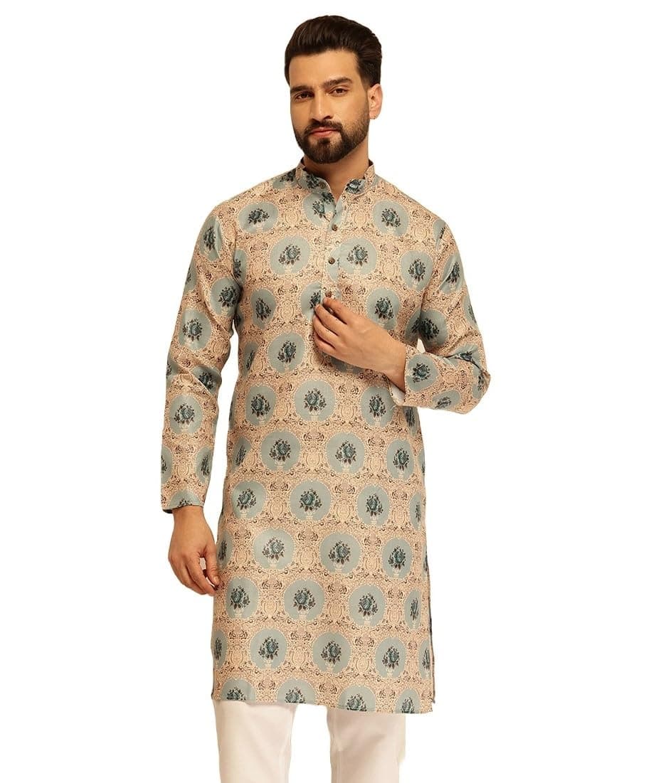 SOJANYA (Since 1958 Men's Cotton Linen Motif Bloom Printed Pista Long Kurta