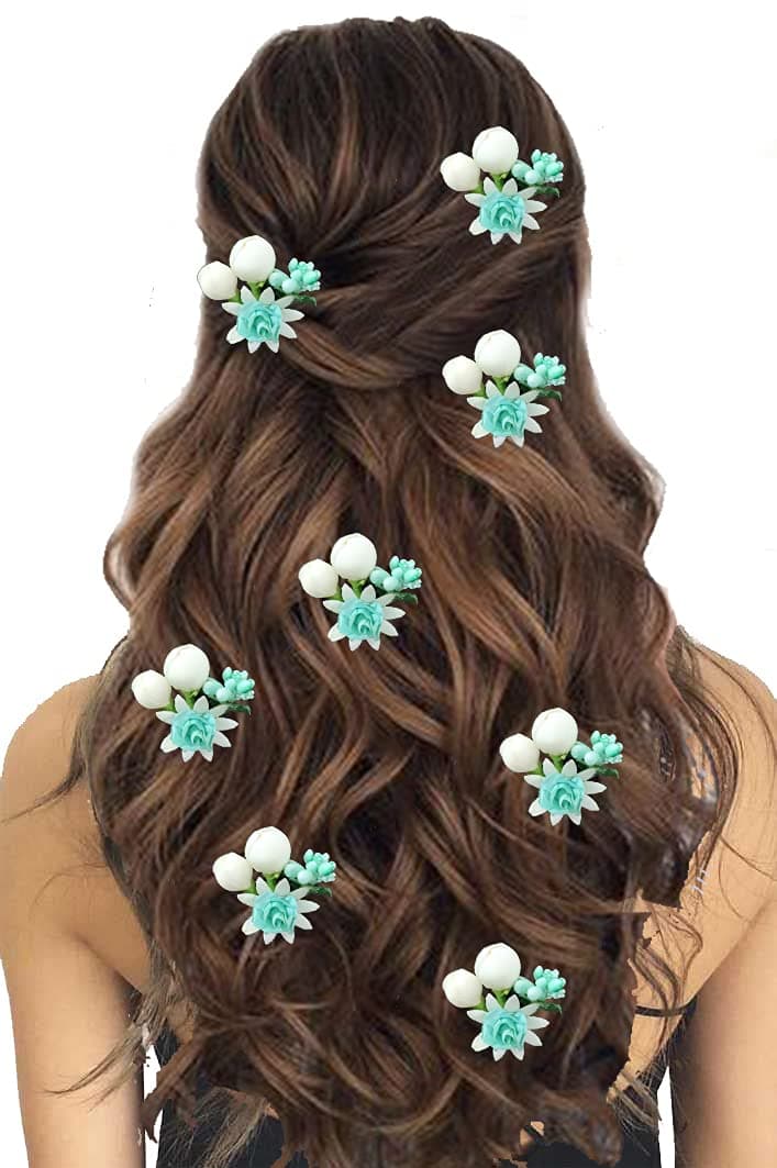 Hair Flare Artificial Small Rose Flower with Mogra Hair Pin/Bridal Wedding Hair Accessories/Hair Clip/Juda Pins for Women and Girls- Rama Green, 2228, Pak of 8 pins