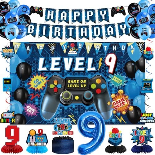 Vlipoeasn 9th Birthday Decorations for Boys Blue Video Game Level 9 Banner Backdrop Honeycomb Centerpieces Hanging Swirls for 9th Birthday Party Gamer 9 Years Old Party Supplies