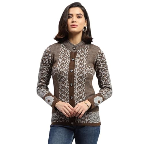 Monte Carlo Womens Jacquard Brown Round Neck Full Sleeve Cardigan (1243622RN-2-40)