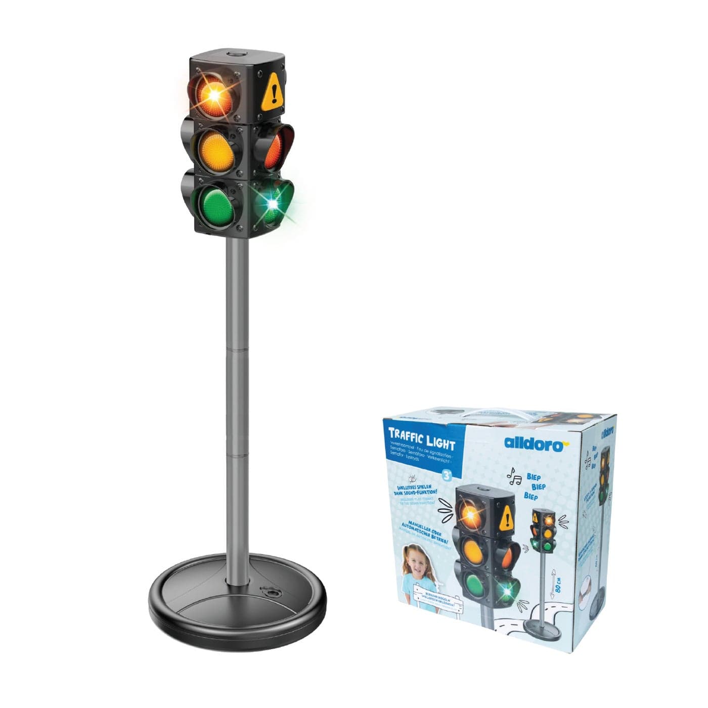 alldoro Kids Traffic Light | 80cm Battery-Powered | Light & Sound | Automatic 34-Sec Cycle or Manual Mode | Fillable Base | Road Safety Toy Age 3+