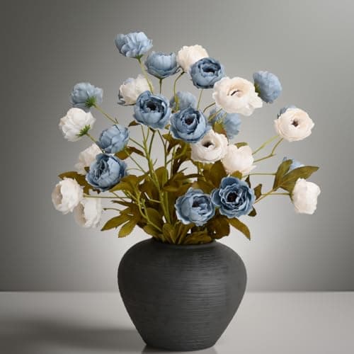 LADADA 27 Inch Artificial Peonies Flowers, 4 Pcs Fake Peonies Bouquet with Sturdy Stems, Lifelike Faux Peonies for Wedding Bouquets, Centerpieces, Floral Arrangements, Home Decor (White & Blue)