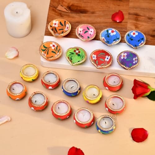 STLYZ Diwali Combo of 21 pcs. Colourful Handmade Diyas and 11 pcs. Designer Mitti Matki Diya with Wax Filled Diwali Decoration Clay Mitti Diya, Deepak, Traditional Diya for Pooja (Multi Color)