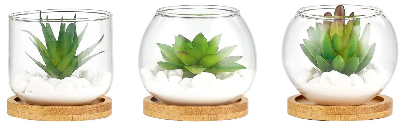 Mkono Artificial Succulent in Clear Glass Pot 3 Mini Potted Fake Plants for Women Office Decor Small Faux Green Plant with BambooTray for Bookshelf Bathroom Kitchen Tabletop Centerpiece