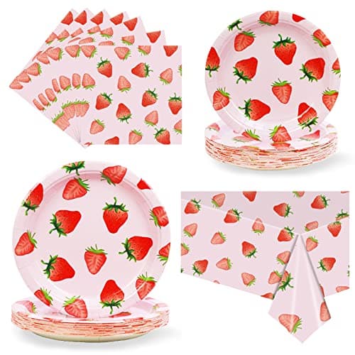 Strawberry Party Tableware Set,Strawberry Birthday Decoration,Summer Fruit Party Supplies Paper Plates Napkins Tablecloth for 25 Guests Great for Birthday Summer Fruit 1st