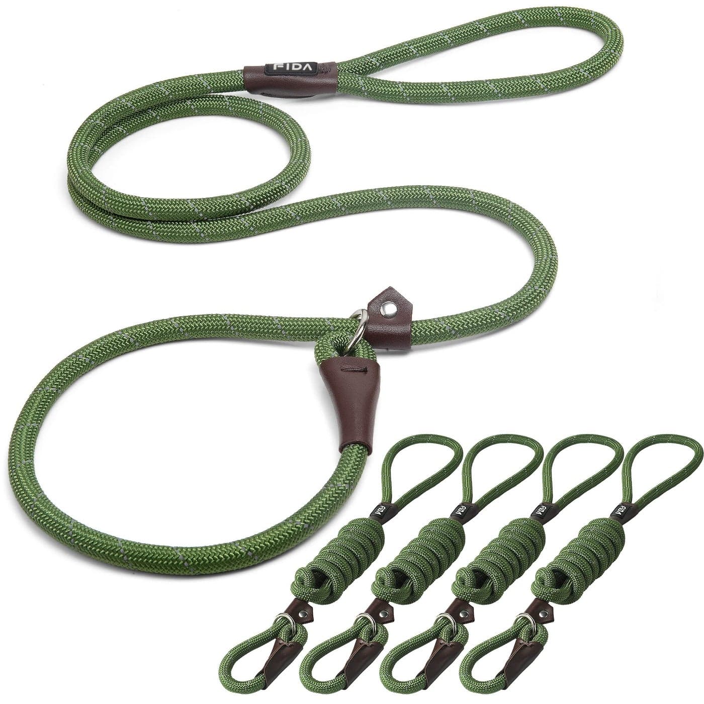 Fida Durable Slip Lead Bulk Pack of 5 Heavy Duty 12 x 6 FT Comfortable Strong Rope Slip Leash for Large Medium Small Dogs No Pulling Pet Training Leash with Highly Reflective Green