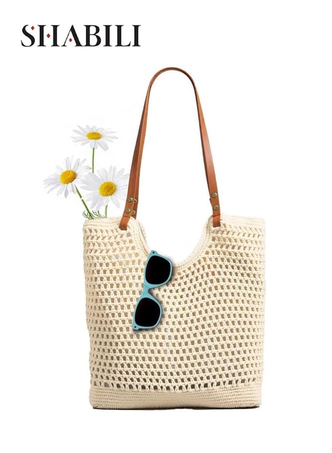Women's Crochet Tote Bag, Ladies Handbag Shoulder Bag Tote Bags Crochet Bags, Fashion Beach Bag for Shopping Picnic Travel Students, Cotton Material with Zipper Closure and Inner Pocket