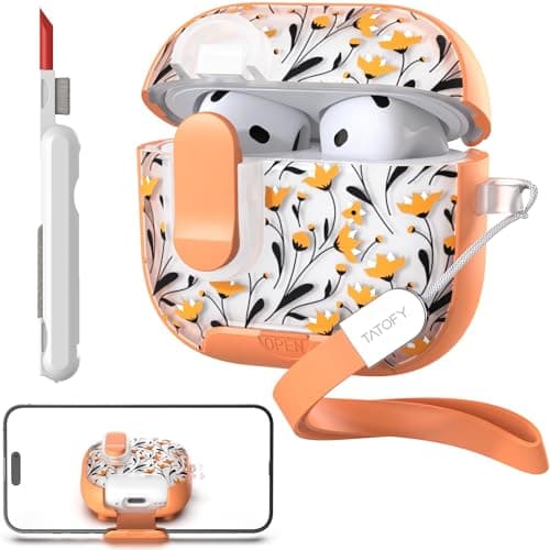 TATOFY for AirPods 4th Generation Case with Phone Stand Lanyard Lock Cleaning Kit, Compatible with Magsafe, Flowers Hard AirPod 4 Cover for Women (Orange, AirPods 4th)