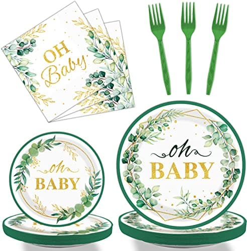 Tevxj 96PCS Sage Greenery Oh Baby Tableware Set Baby Shower Dinnerware Disposable Plates Green Gold Foil Eucalyptus Leaf Party Plates Napkins Forks for Baby Shower Party Decorations Supplies 24 guests