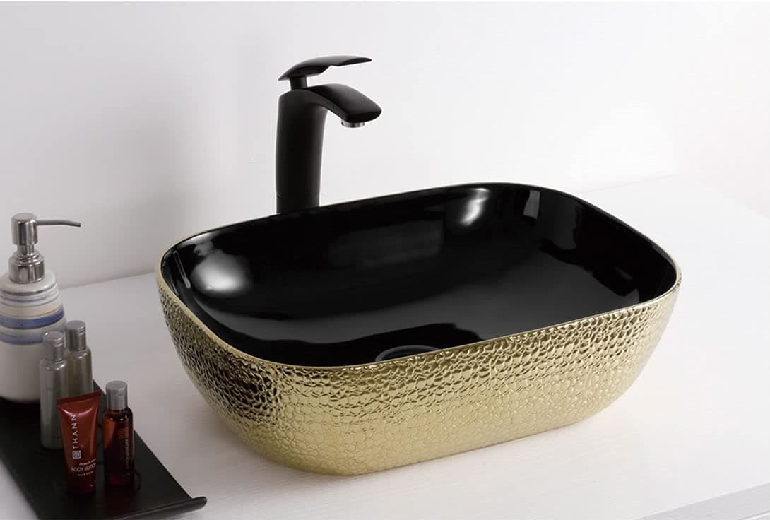 Backline Ceramic Designer Round Table TopOver CounterVessel Sink Wash Basin For Bathroom 18 X 13 X 55 Inch Gold Black