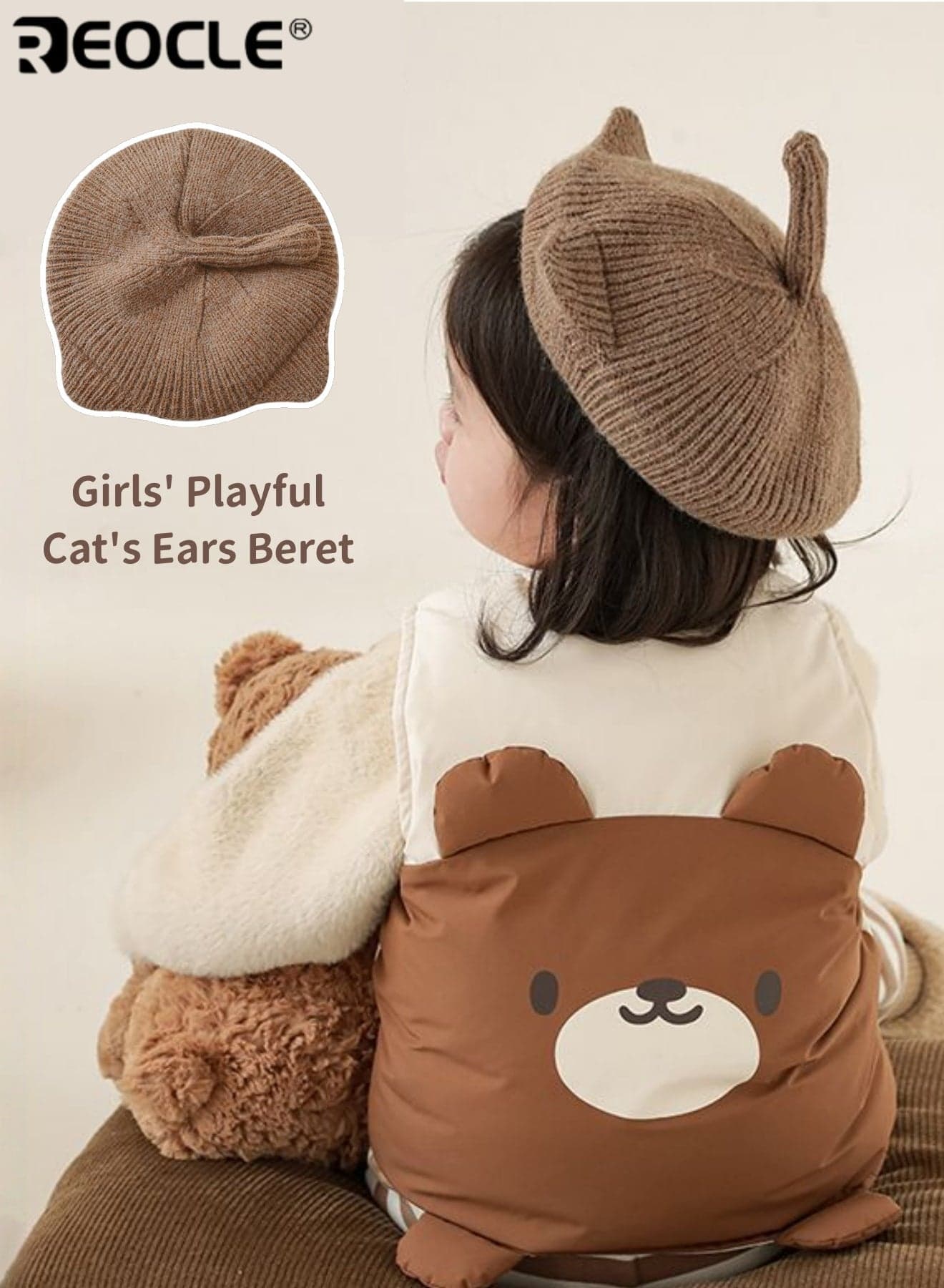 Girl's Beret with Cat Ears and Playful Tail Design Children's Fashion Hat with Adorable Detail for Outdoor Party Dress Up