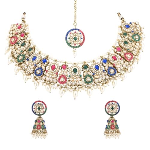I Jewels Gold Plated Traditional Kundan & Pearl Choker Necklace Jewellery Earrings & Maang tikka Set For Women (Muli-color)