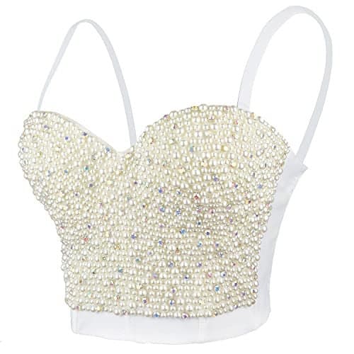 ELLACCI Sexy Pearls Beaded Rhinestone Bustier Crop Top Push up Corset Top with Detachable Straps White Large