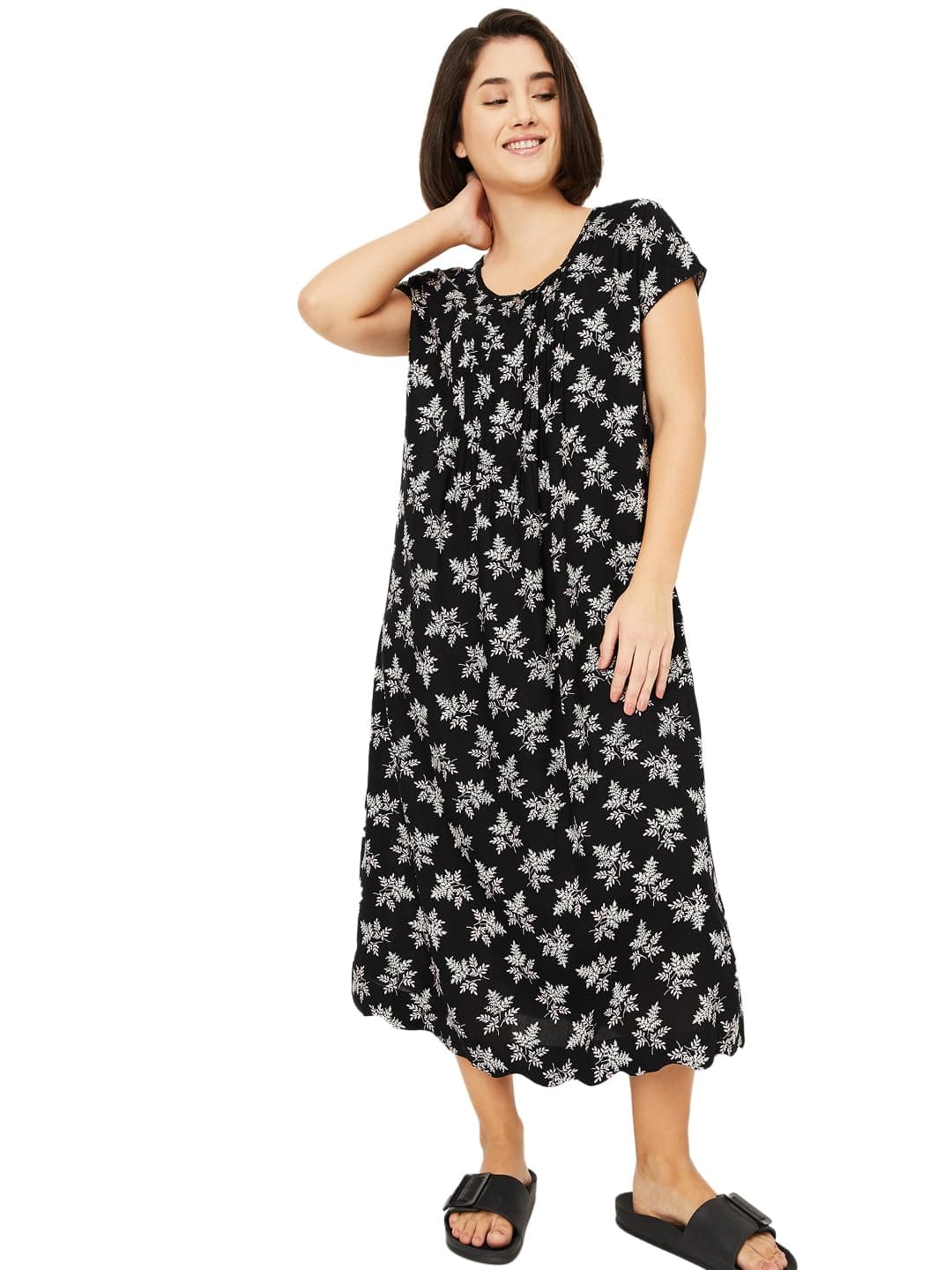 Max Women Printed Sleepwear Gown(Black_XL)