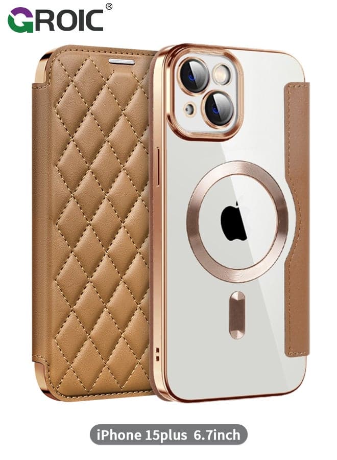 For iPhone 15 Plus 6.7 Inch Phone Caes Wallet Case, PU Leather Folio Wallet Magnetic Protective Case with Card Holder Viewing Kickstand, Shockproof Transparent Backboard Cover Compatible for Magsafe