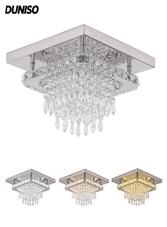 Crystal Ceiling Light,Flush Mount Tricolor Crystal Ceiling Lights,Modern Luxury Square Crystal Chandelier,for Kitchen Bedroom Hallway Dining Room