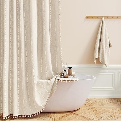 BTTN Boho Shower Stall Curtain 36x72 Narrow Linen Ultra Thick Striped Tassel Fabric Shower Curtain Set with 6 Hooks Half Modern Farmhouse Cottage Weighted Shower Curtains for Bathroom CreamBeige