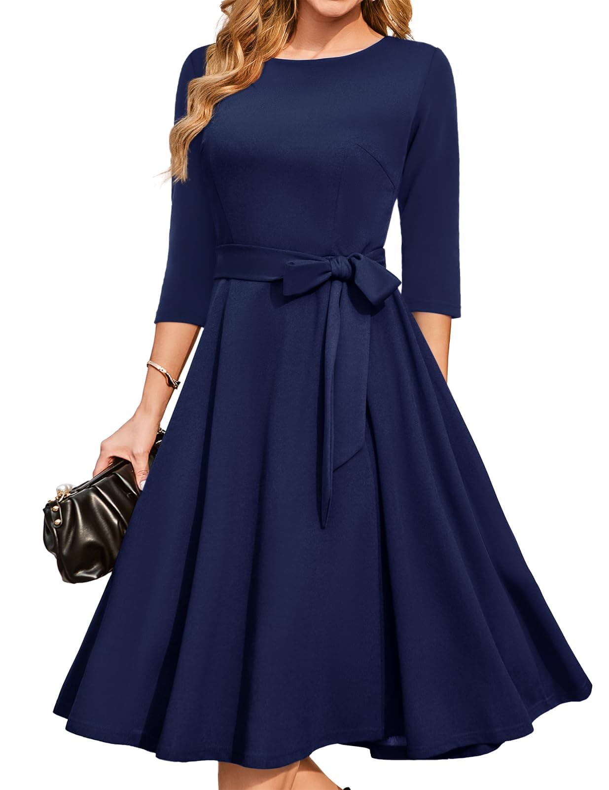 DRESSTELLS Cocktail Dress, Women's Wedding Guest Dresses, 3/4 Sleeves 1950s Vintage Dress, 2024 Fall Church Dress, Fit and Flare Aline Mother of Bride Dress Navy in 2XL