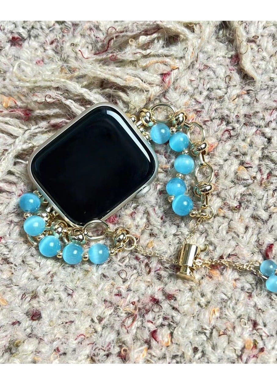Jade Blue Crystal Beaded Watch Band AppleWatch Cat's Eye Bracelet Suitable Apple Watch Band 7/8/9E 40mm