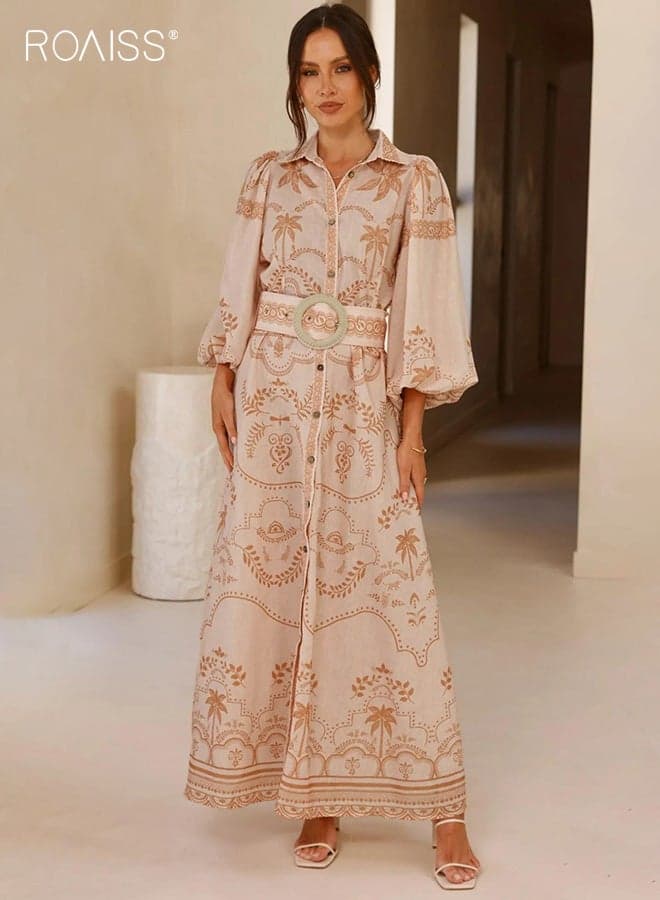 Women's V-neck Maxi Dress with Buttons, Linen Loose Ethnic-Style Casual Dress, High-Waisted Flattering Bubble Sleeve Shirt Dress with Belt, Khaki