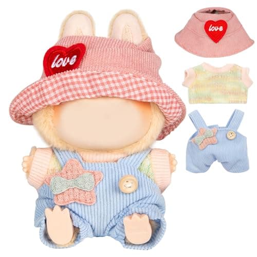 17cm Doll Clothes for Labubu Kawaii Chic Style Set for 17cm Dolls Cute Doll Outfit with Accessories Colorful TShirt Star Light Blue Romper Heart Shaped Pink Hat Clothes Only
