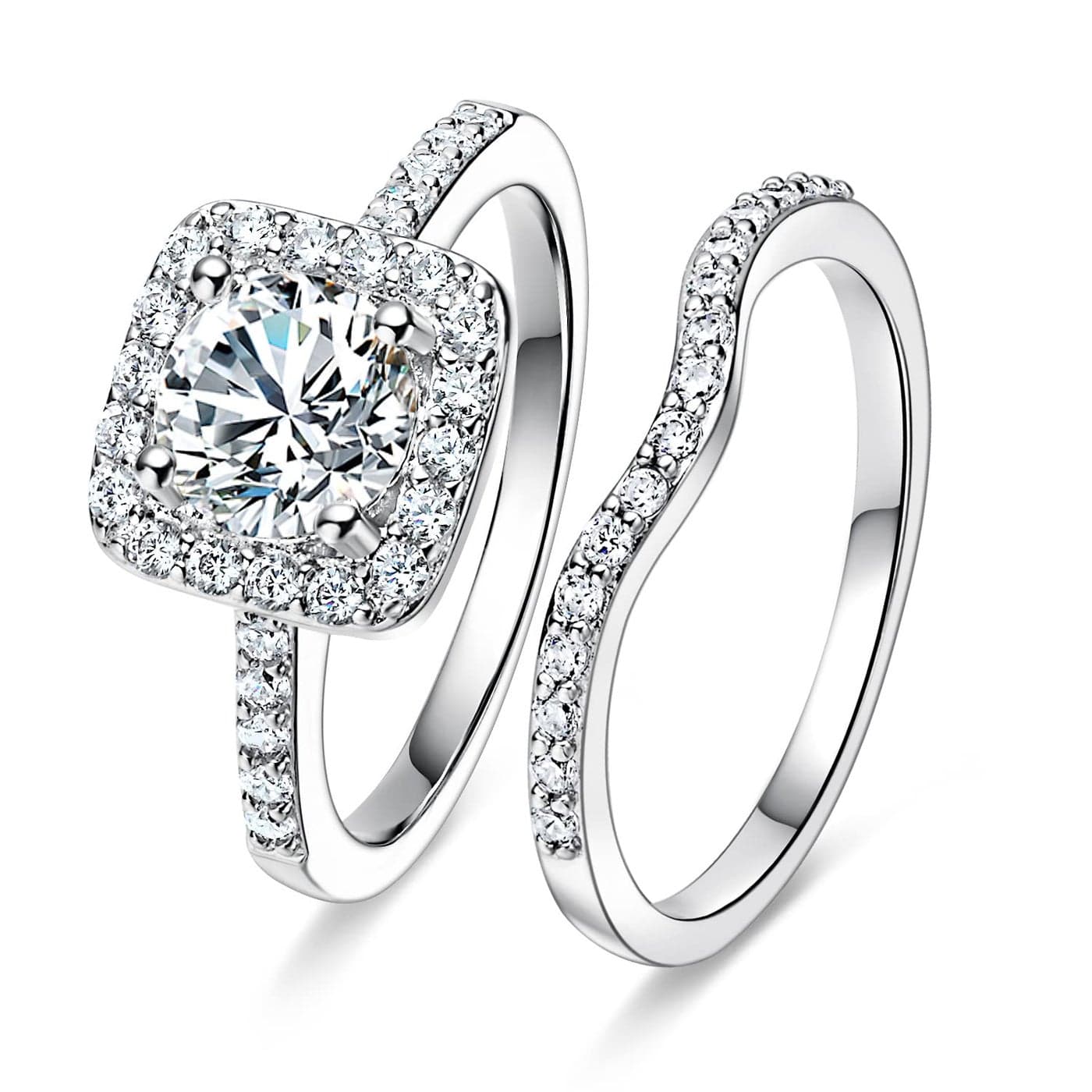 MDFUN 18K White Gold Plated Cubic Zirconia Two-In-One Halo Wedding Engagement Promise Eternity Ring for Women Size 4.5