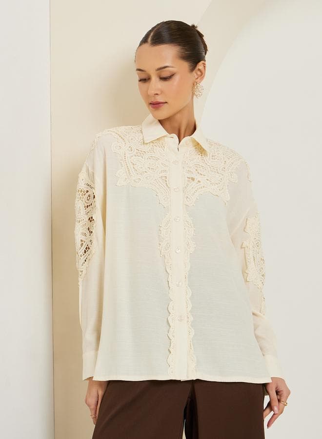 Women Cream Lace Trim Shirt