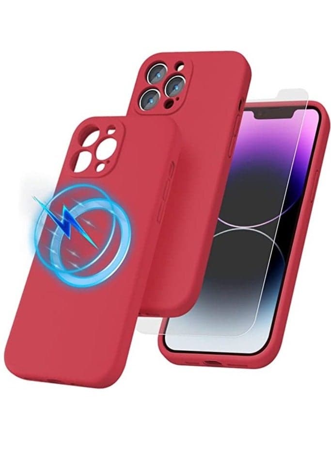 iPhone 14 Pro Max + 2 Pack Tempered Glass Screen Protector Magsafe Case Silicone Phone Case with Microfiber Lining for iPhone 14 Pro Max 6.7 inch 2022,Red