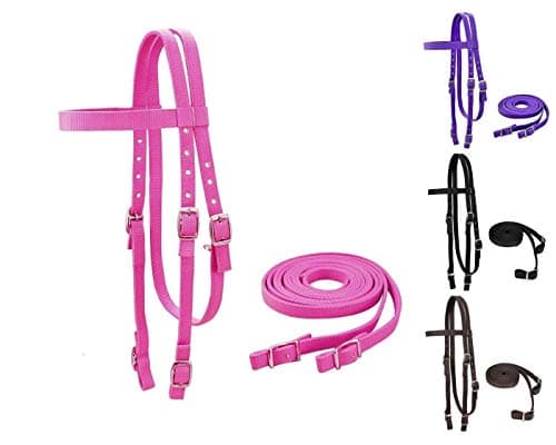 Tahoe Tack Plain Double Layer Nylon Headstall with Reins, Multiple Colors & Sizes Available, Pink, Full
