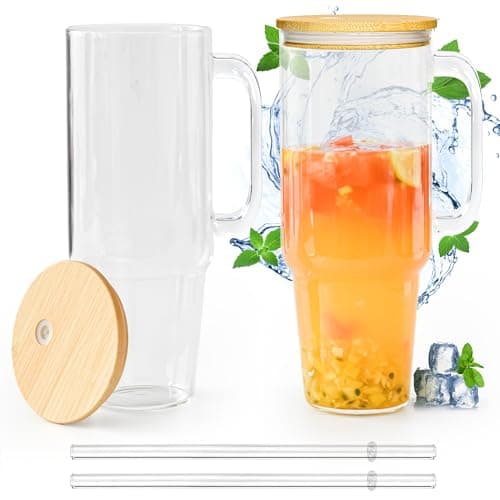FECBK Glass Cups with Lids and Straws 40 oz Glass Tumbler with Straw and Lid 2 Pack Glass Tumbler with Handle Wide Mouth Iced Coffee Cups for Smoothies, Soda, Tea, with Bamboo Lids