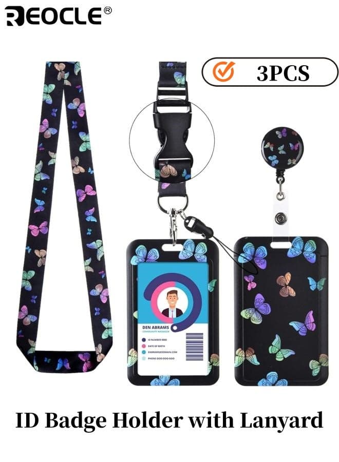 3PCS ID Badge Holder with Lanyard and Keys Retractable Badge Holder with Detachable Lanyard Fashionable Badge Reel Heavy Duty with Carabiner Clip for Nurse Teacher Office and School Staff